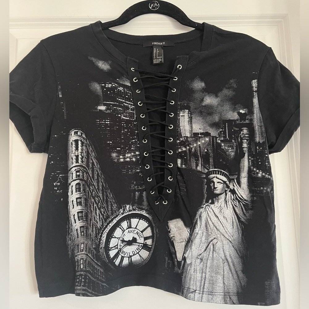 Black Graphic Cropped T-shirt with Laced V-neck